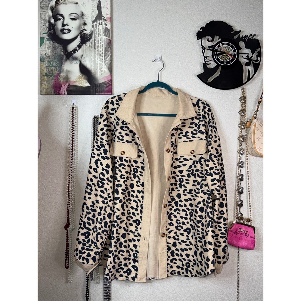 Womens Leopard Print Corduroy Shacket Button Down Shirt Jacket Beige Black XL